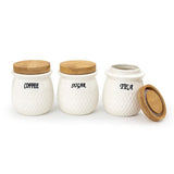 White Ceramic Vintage Tea Coffee Sugar 3 Canisters Set with Wooden Arc Stand Tray