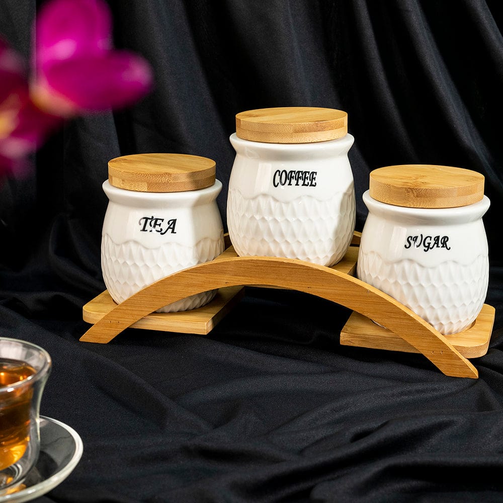 White Ceramic Vintage Tea Coffee Sugar Canisters Set with Wooden