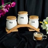 White Ceramic Vintage Tea Coffee Sugar 3 Canisters Set with Wooden Arc Stand Tray