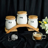 White Ceramic Vintage Tea Coffee Sugar 3 Canisters Set with Wooden Arc Stand Tray