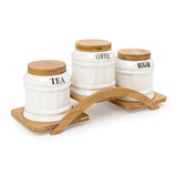 White Ceramic Bloque Tea Coffee Sugar 3 Canisters Set with Wooden Arc Stand Tray