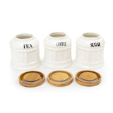 White Ceramic Bloque Tea Coffee Sugar 3 Canisters Set with Wooden Arc Stand Tray