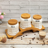 White Ceramic Bloque Tea Coffee Sugar 3 Canisters Set with Wooden Arc Stand Tray