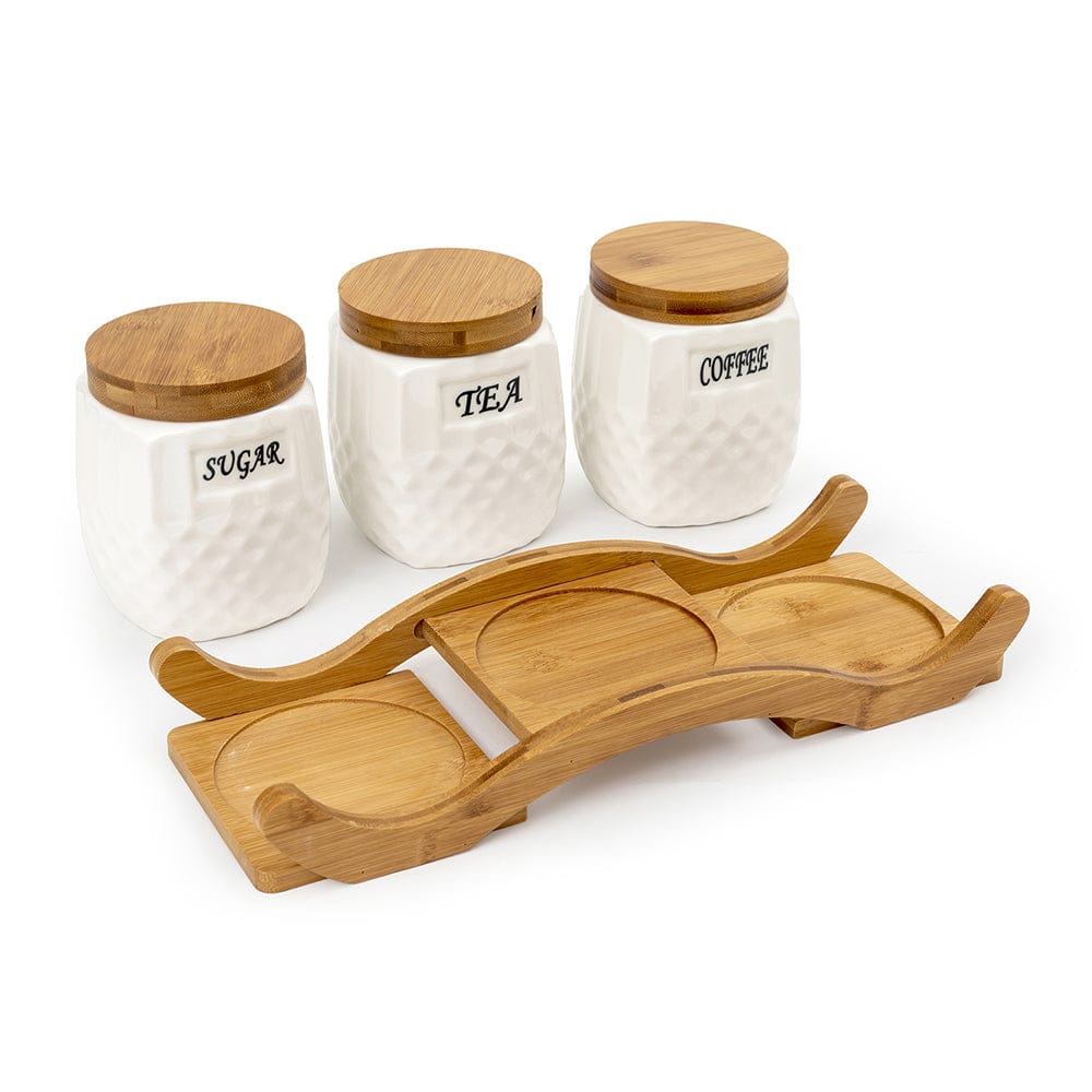 White Ceramic Trime Tea Coffee Sugar 3 Canisters Set with Wooden Wavey Stand Tray
