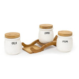 White Ceramic Elegance Tea Coffee Sugar 3 Canisters Set with Wooden Wavey Stand Tray