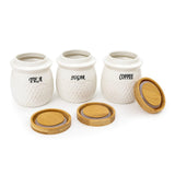 White Ceramic Elegance Tea Coffee Sugar 3 Canisters Set with Wooden Wavey Stand Tray
