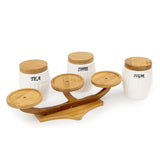 White Ceramic Bulba Tea Coffee Sugar 3 Canisters Set on Elevated Wooden Stand Tray