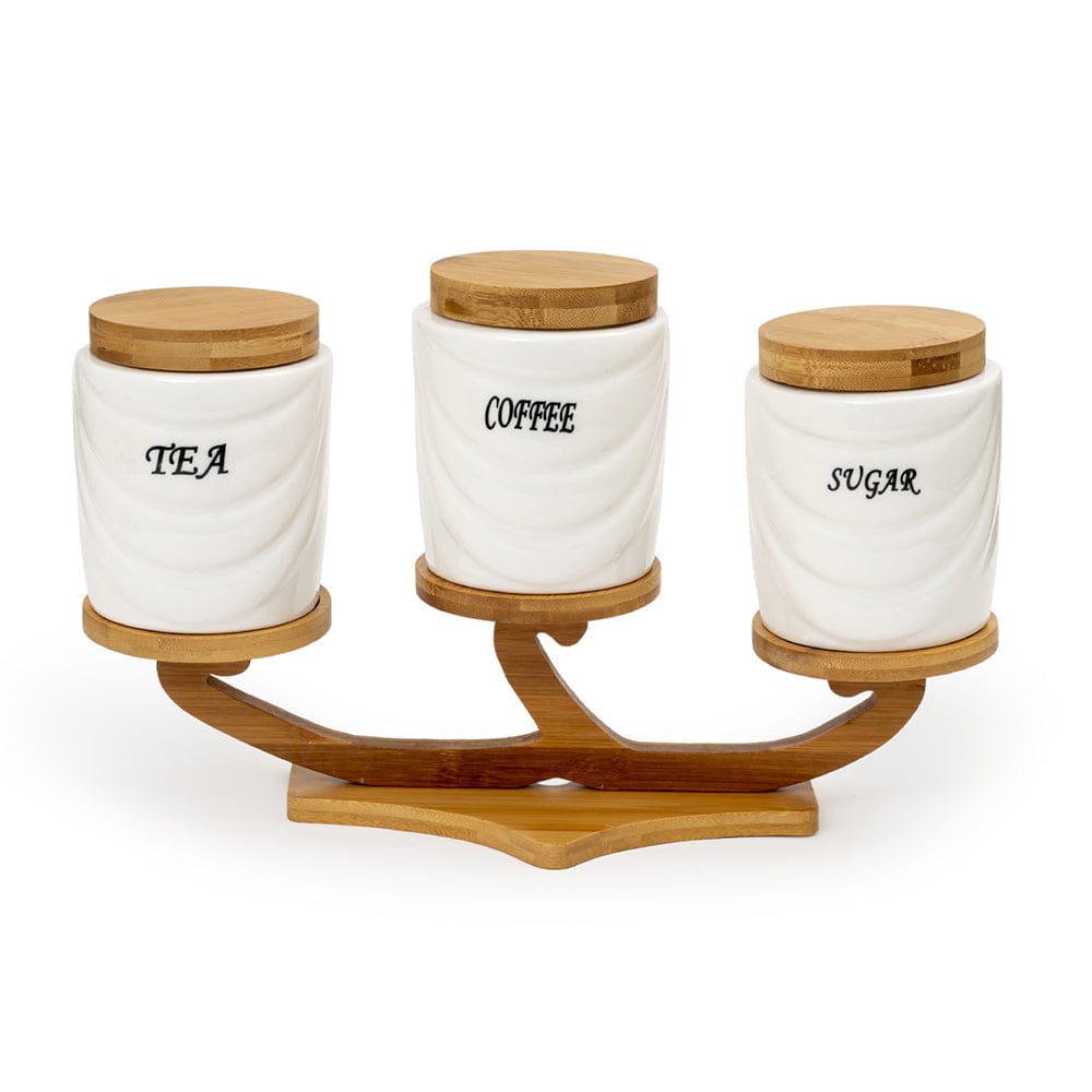 White Ceramic Drapes Tea Coffee Sugar 3 Canisters Set on Elevated Wooden Stand Tray