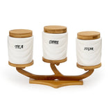 White Ceramic Drapes Tea Coffee Sugar 3 Canisters Set on Elevated Wooden Stand Tray