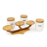 White Ceramic Drapes Tea Coffee Sugar 3 Canisters Set on Elevated Wooden Stand Tray