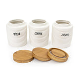 White Ceramic Drapes Tea Coffee Sugar 3 Canisters Set on Elevated Wooden Stand Tray