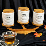 White Ceramic Drapes Tea Coffee Sugar 3 Canisters Set on Elevated Wooden Stand Tray