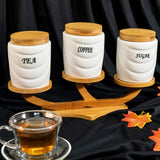 White Ceramic Drapes Tea Coffee Sugar 3 Canisters Set on Elevated Wooden Stand Tray