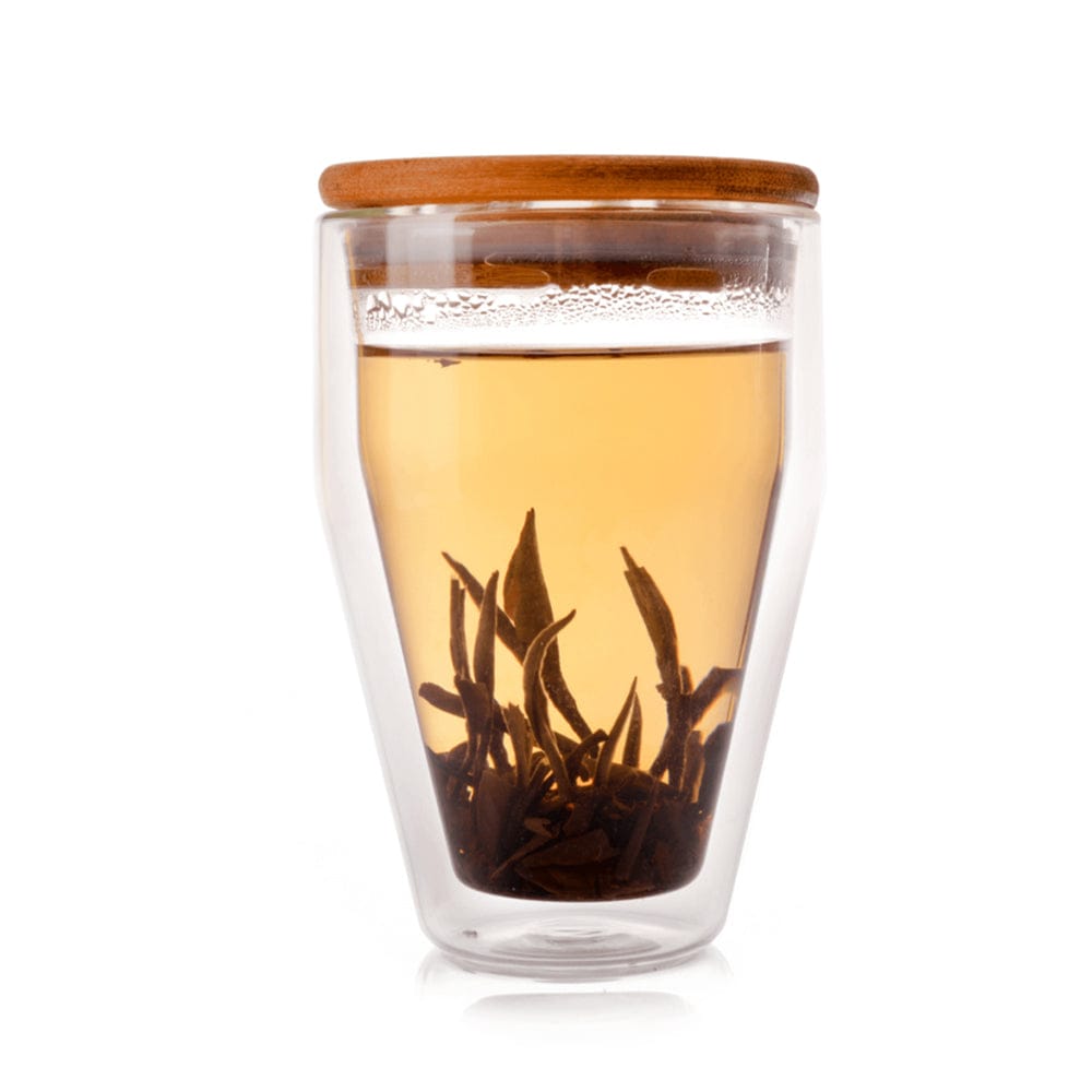 Borosilicate Glass Coffee & Tea Cup Mug Swag with Bamboo Lid, Double Wall Glass Latte Cappuccino Espresso Mug, Tea, Juice, Milk, Insulated glass, Dishwasher Safe - Transparent - 300 ml - Pack of 1