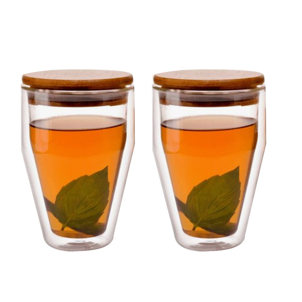 Borosilicate Glass Coffee & Tea Cup Mug Swag with Bamboo Lid, Double Wall Glass Latte Cappuccino Espresso Mug, Tea, Juice, Milk, Insulated glass, Dishwasher Safe - Transparent - 300 ml - Pack of 1