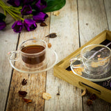 Double Wall Glass Square Tea Cup Set with Saucers (150 ml) (Set of 6)