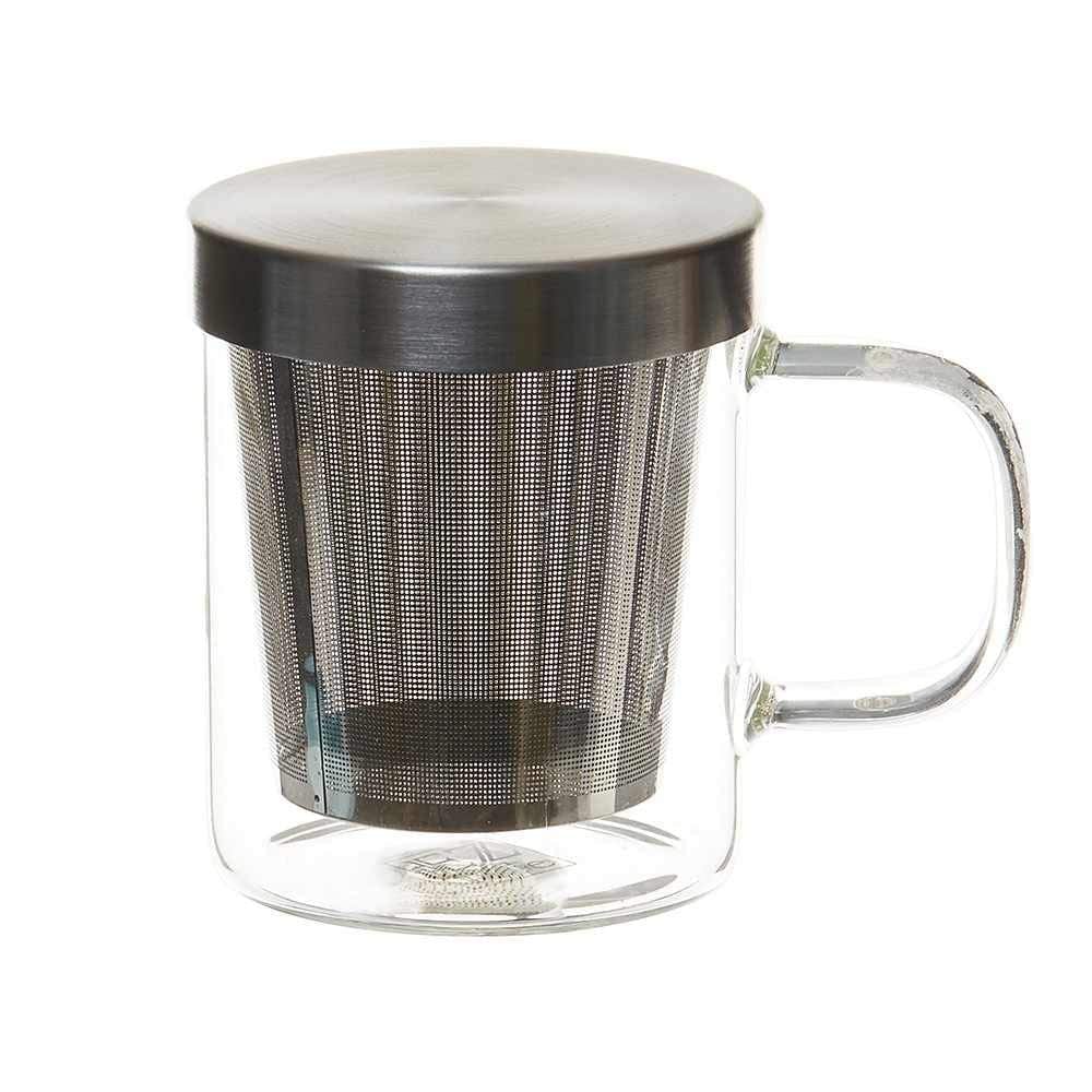 Glass Mug with Steel Infuser & Lid- 350ml - Borosilicate Glass - Transparent - Pack of 2