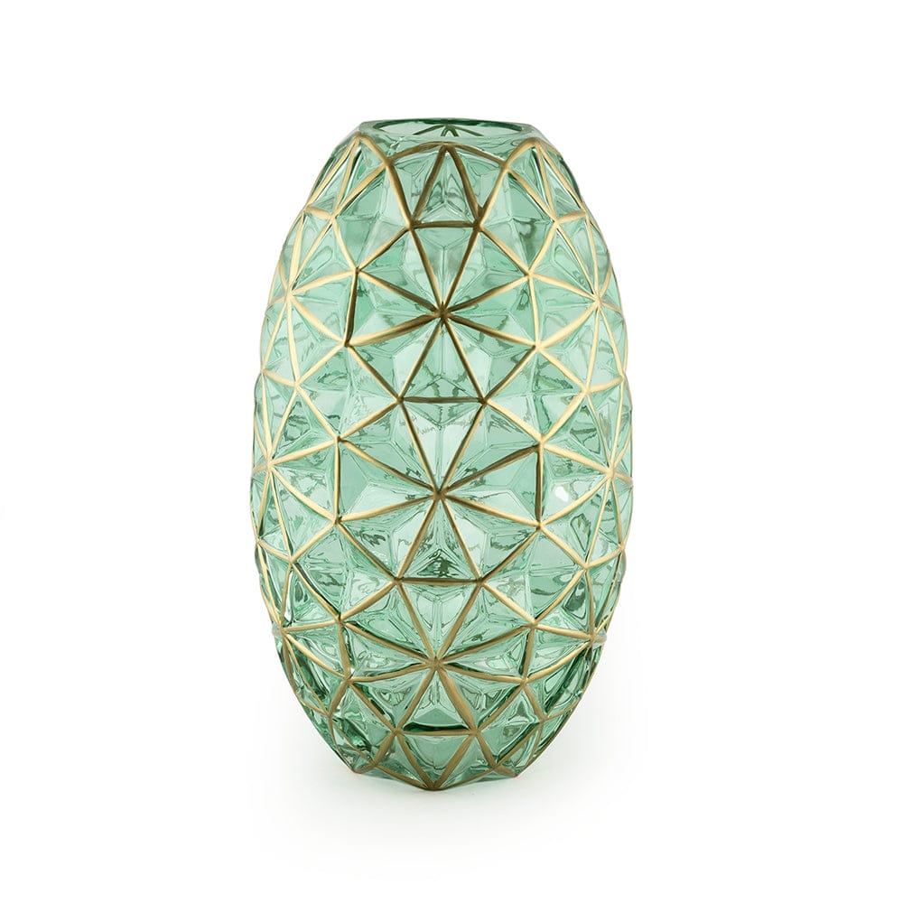 Xclusive Trapeziodal Green & Gold Lines Oval Glass Vase