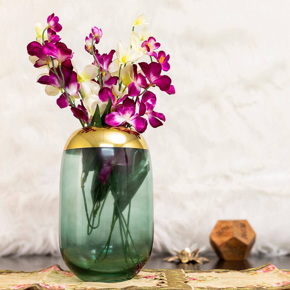 Xclusive Gold Top Transparent Green Oblong Glass Vase EZ Life