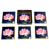 Serene Lotus - 6 Wooden Coasters with Holder Set (Navy Blue)
