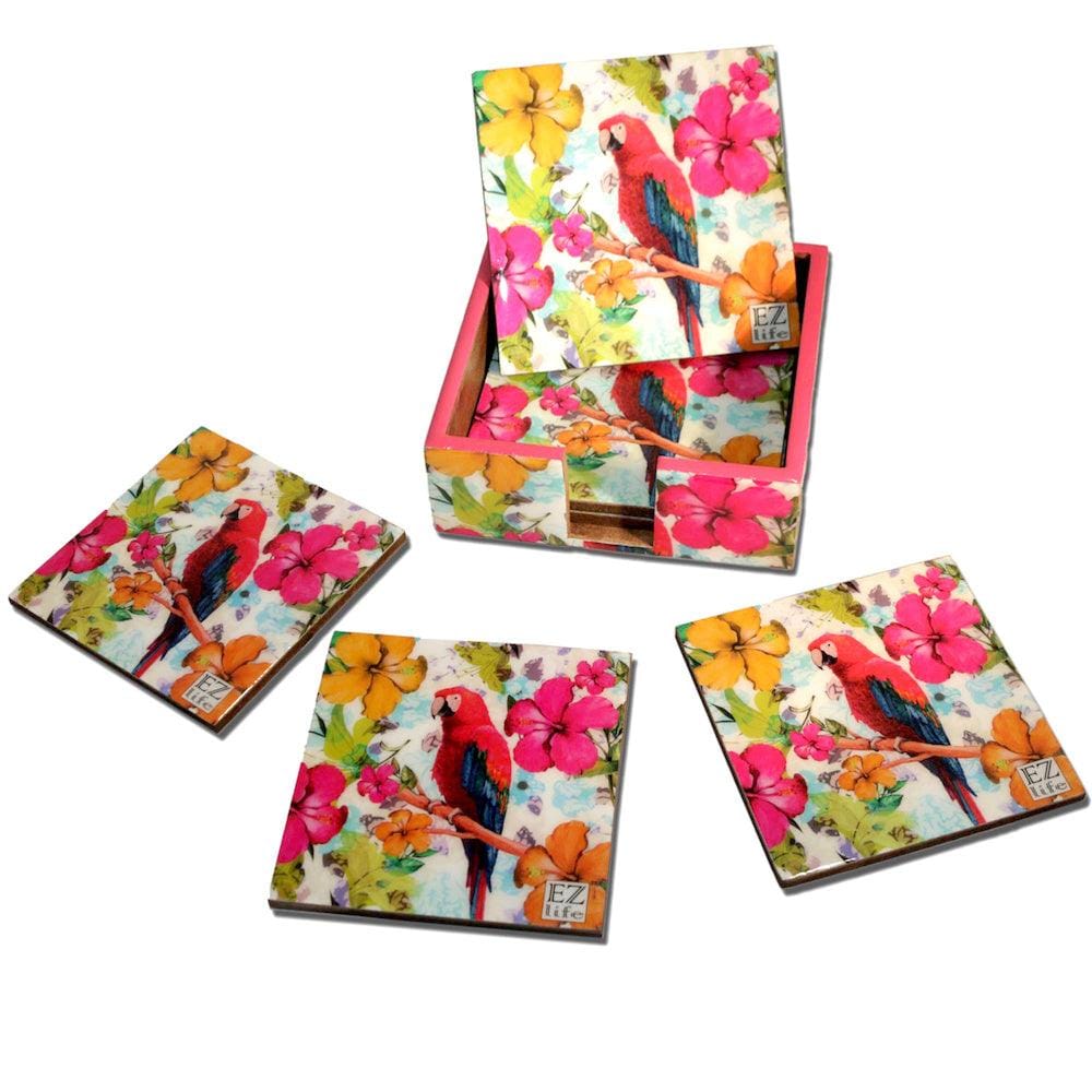 6 Coasters with Holder Set - Perky Parrot - EZ Life