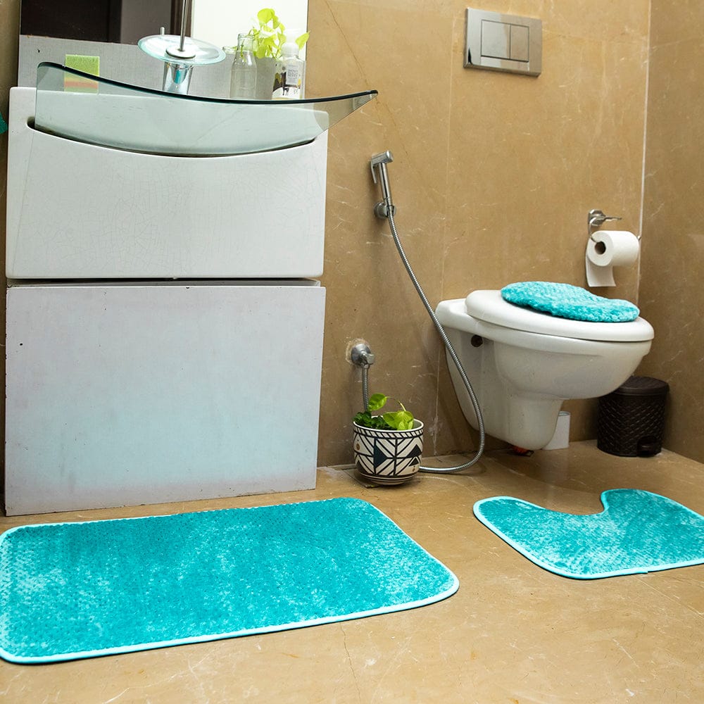 Luxe Cashmere Aquamarine 3 Piece Bathroom Mats Set (L-80 x W-50 cms)