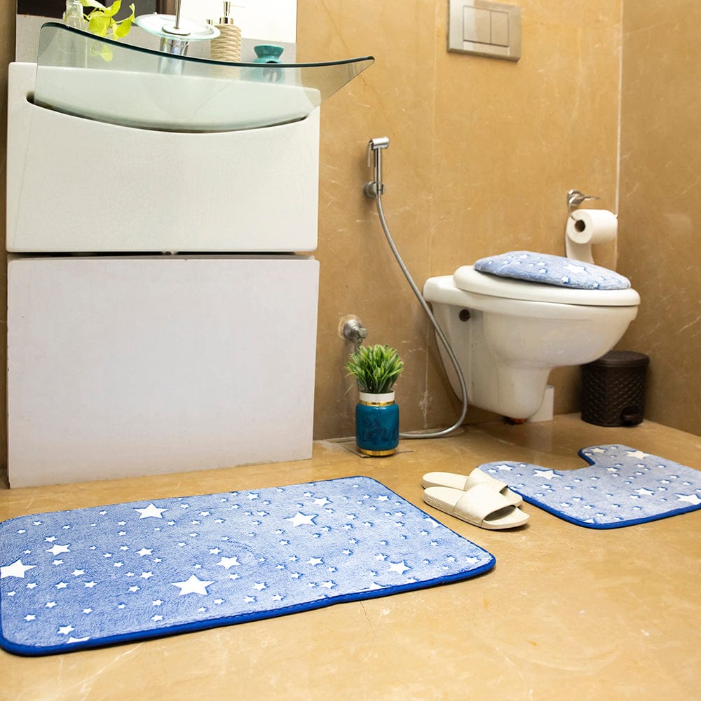 Luminous Luxe Glow In Dark Stars 3 Piece Bathroom Mats Set (L-80 x W-50 cms) - Blue