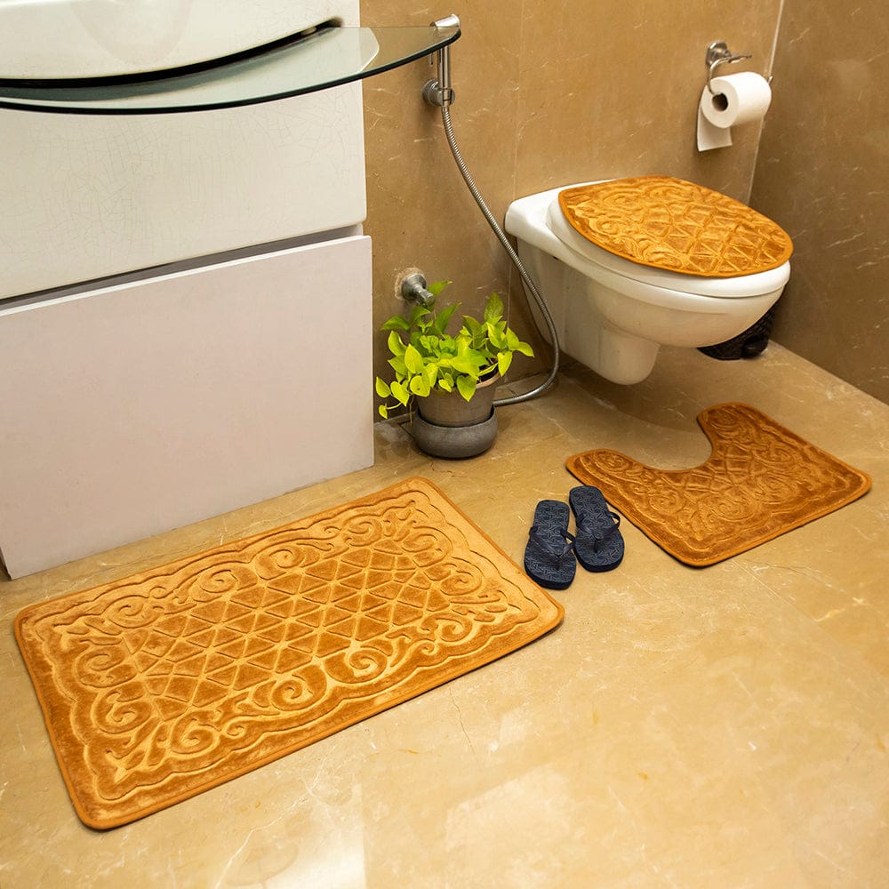 Luxe Classic Rashe Emboss 3 Piece Bathroom Mats Set (L-80 x W-50 cms) - Gold- Brown