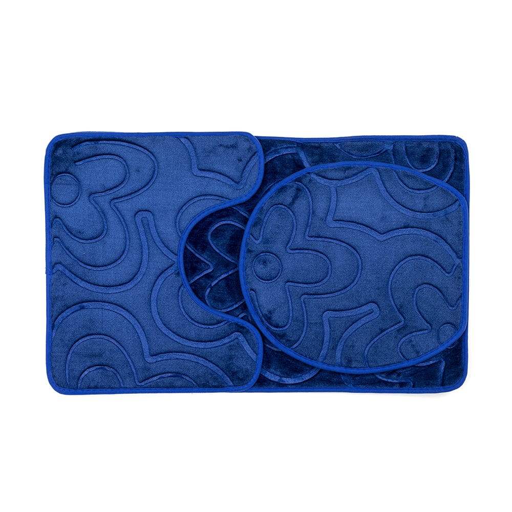 Luxe Flowers Rashe Emboss 3 Piece Bathroom Mats Set (L-80 x W-50 cms) - Cobalt Blue