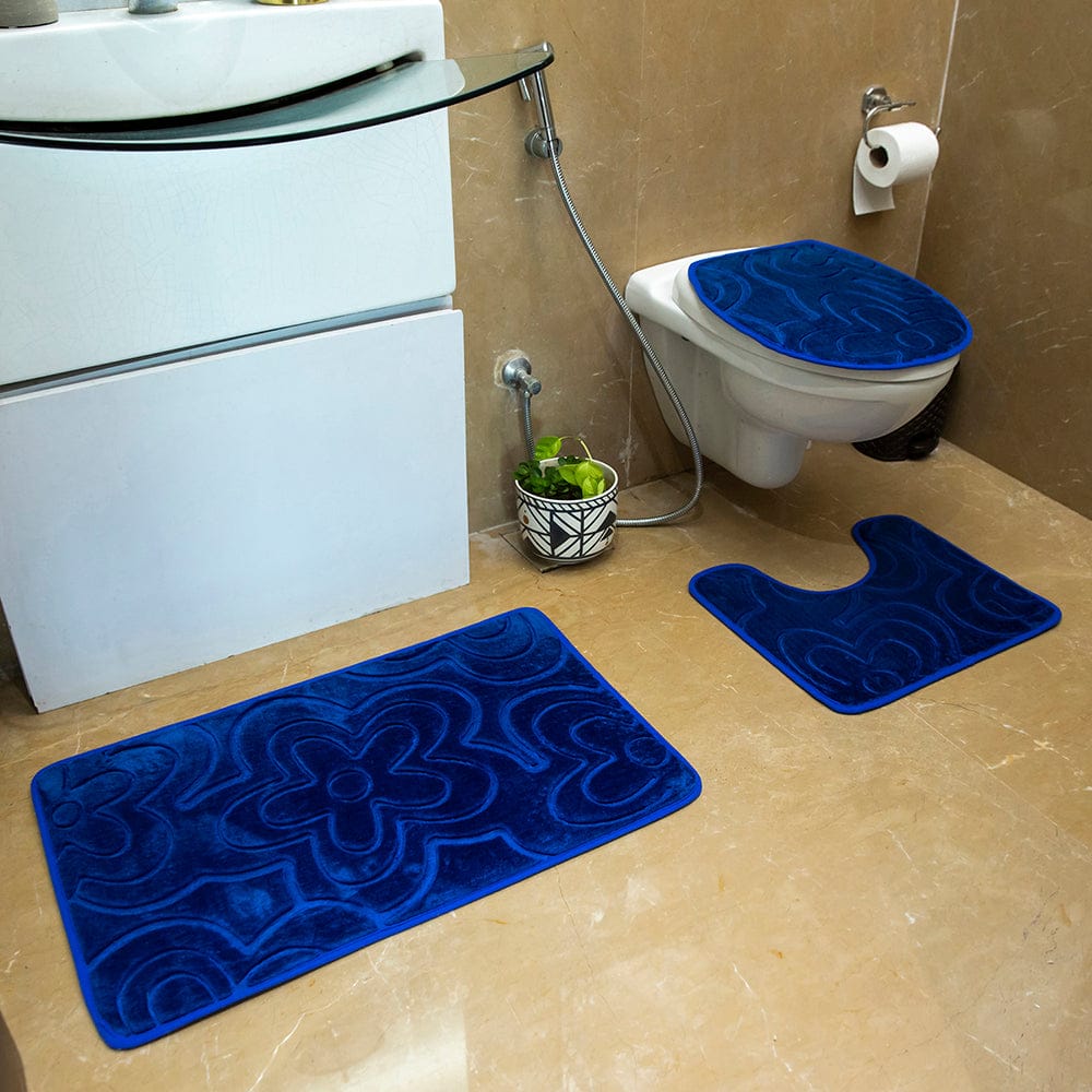 Luxe Flowers Rashe Emboss 3 Piece Bathroom Mats Set (L-80 x W-50 cms) - Cobalt Blue