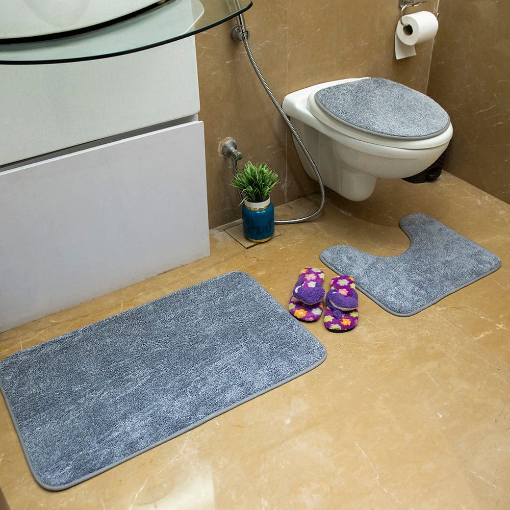 Luxe Gray Snow Fleece 3 Piece Bathroom Mats Set (L-80 x W-50 cms)