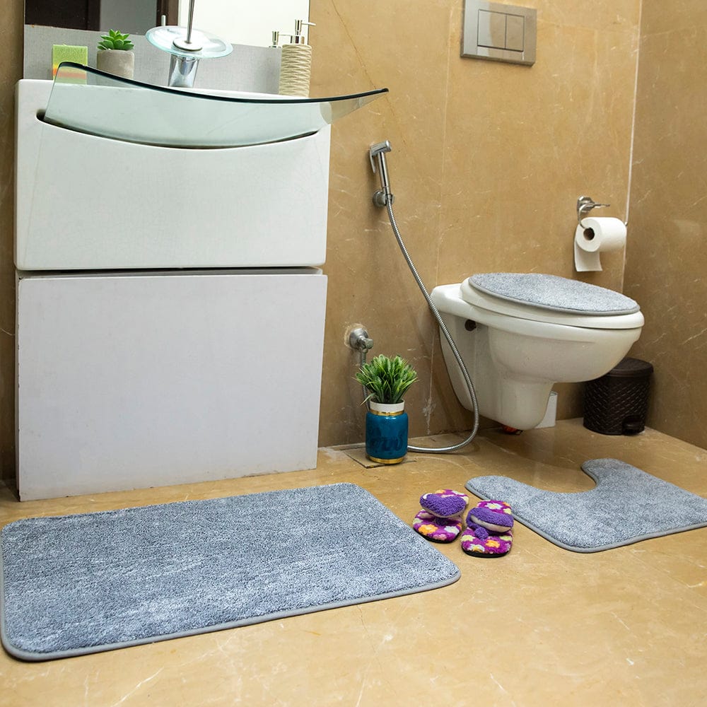 Luxe Gray Snow Fleece 3 Piece Bathroom Mats Set (L-80 x W-50 cms)