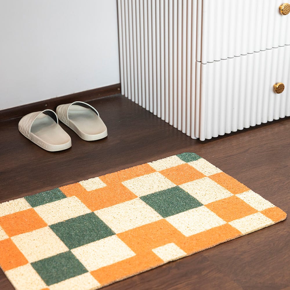 Elegance Microfibre Multicolor Orange Grid Floor + Bath Mat (L-58 x W-38 cms)