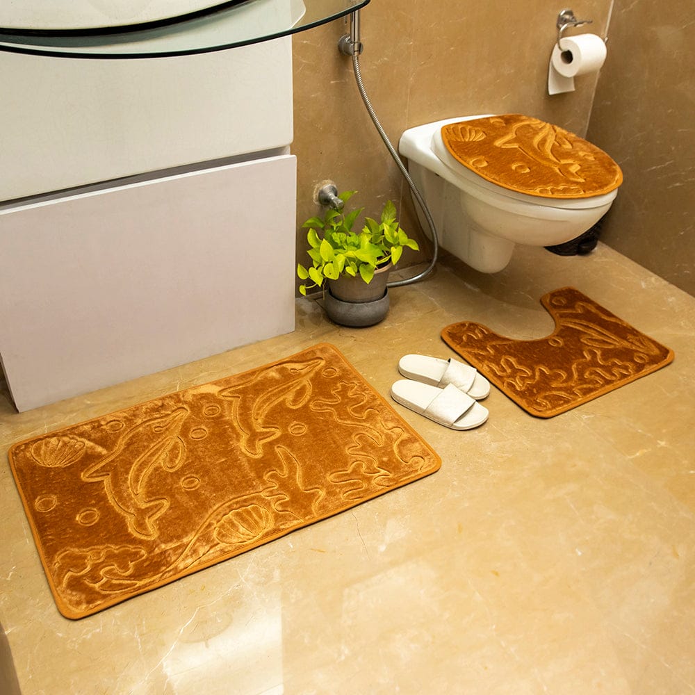 Luxe Sea Life Rashe Emboss 3 Piece Bathroom Mats Set (L-80 x W-50 cms) Gold-Brown