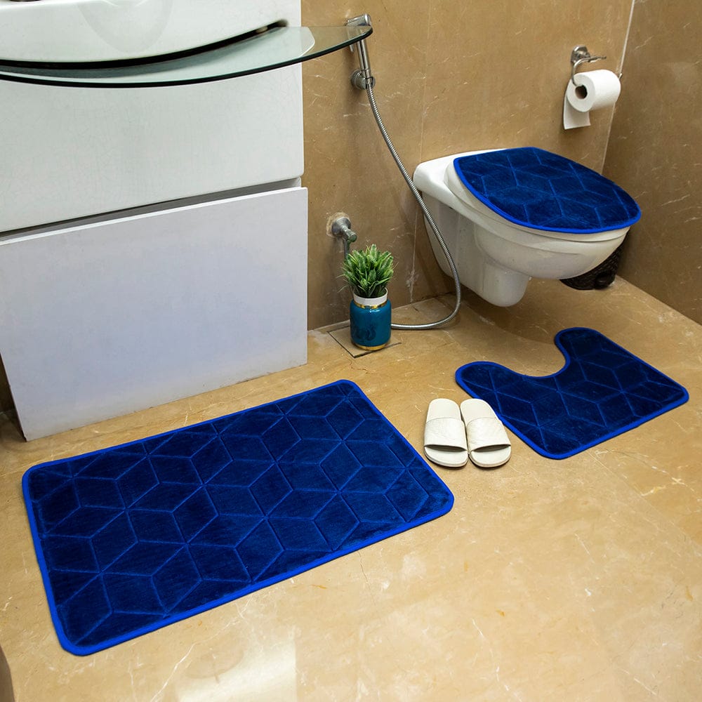 Luxe Cuboid Rashe Emboss 3 Piece Bathroom Mats Set (L-80 x W-50 cms) - Cobalt Blue
