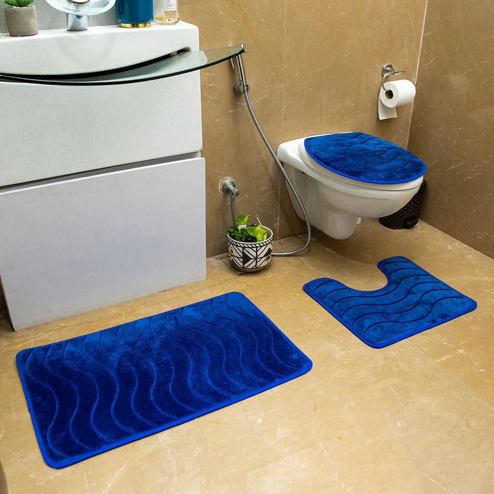 Luxe Waves Rashe Emboss 3 Piece Bathroom Mats Set (L-80 x W-50 cms) - Cobalt Blue
