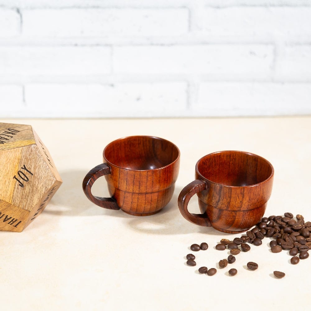 Artistic Triple Ridged Wooden Mug with Handle - Dinnerware - Eco Friendly - 150ml - Pack of 4