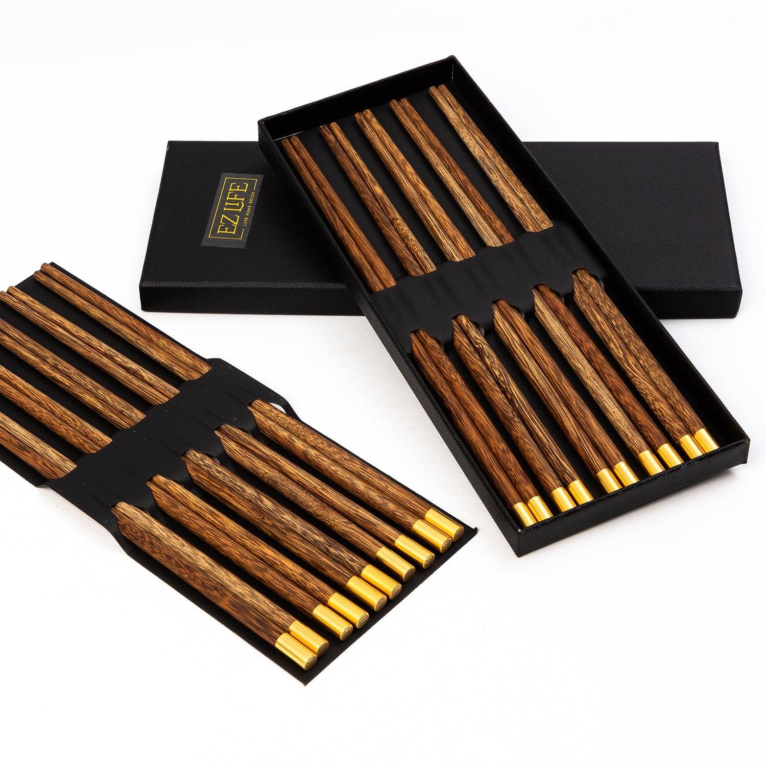 10 Pairs Light Rose Wood Round Chopsticks Set with Gold Top (25 cms Length) - EZ Life