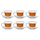 Double Wall Glass Royal Tea Cup Set with Saucers (250 ml) (Set of 6)