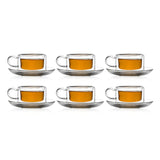 Double Wall Glass Square Tea Cup Set with Saucers (150 ml) (Set of 6)