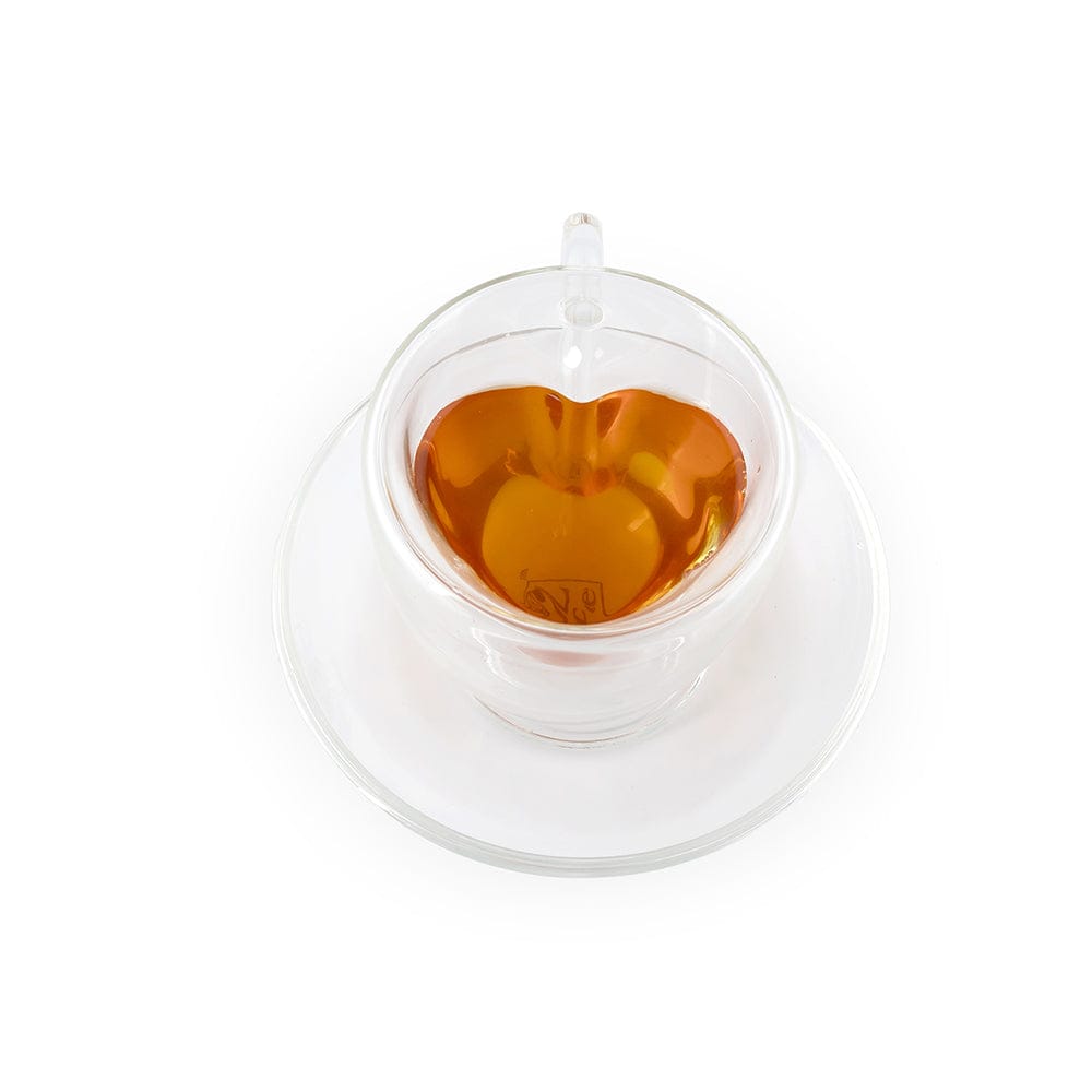 Double Wall Glass Heart Shape Cup & Saucer Set (180 ml) (Set of 6)