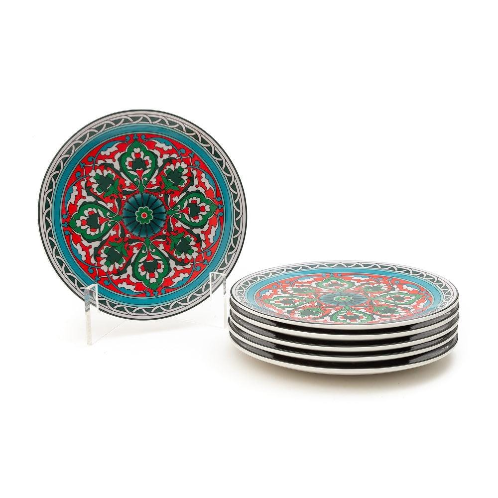 Modish Mandala 8.5 Inch Ceramic Plate (Green, Red & Teal Blue) (Pack of 6)
