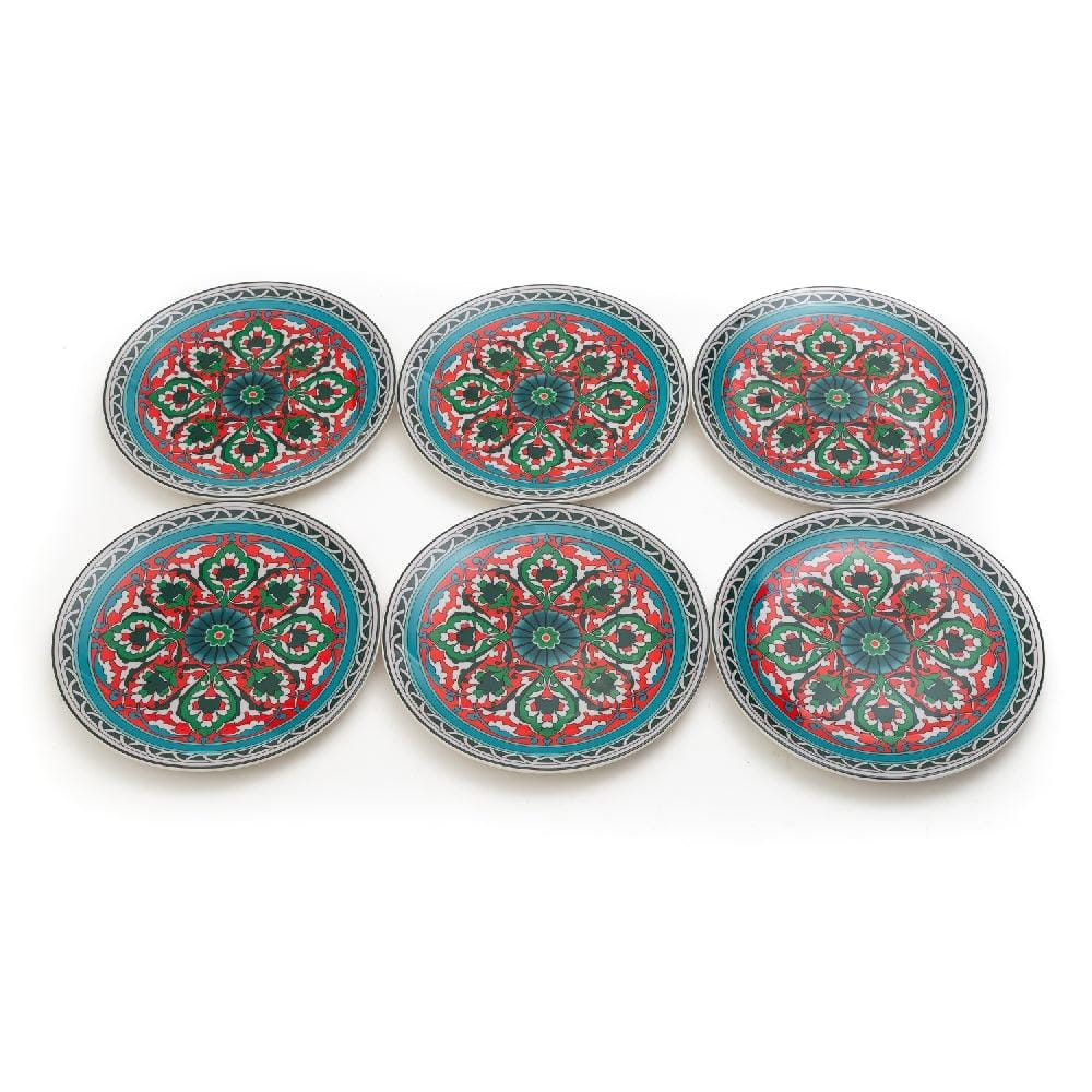 Modish Mandala 8.5 Inch Ceramic Plate (Green, Red & Teal Blue) (Pack of 6)
