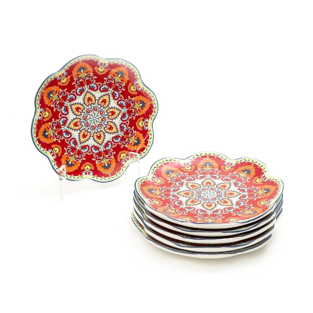 Turkish Wavy Saffron 8.5 Inch Ceramic Plate (Red, Orange & White) (Pack of 6)