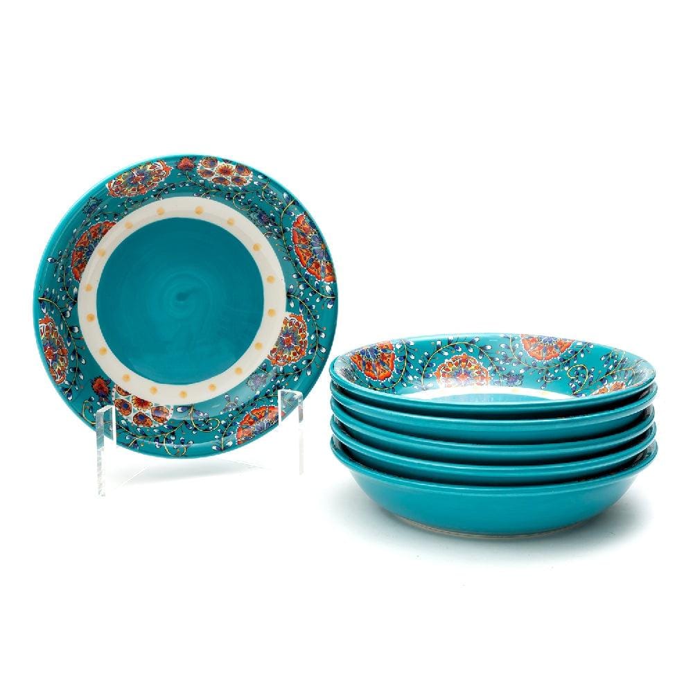 Majestic Teal Blue Peacock Serving Deep Ceramic Plates (8 Inch) (Pack of 6)
