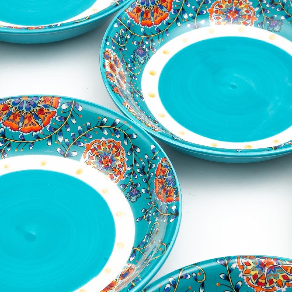 Majestic Teal Blue Peacock Serving Deep Ceramic Plates (8 Inch) (Pack of 6)