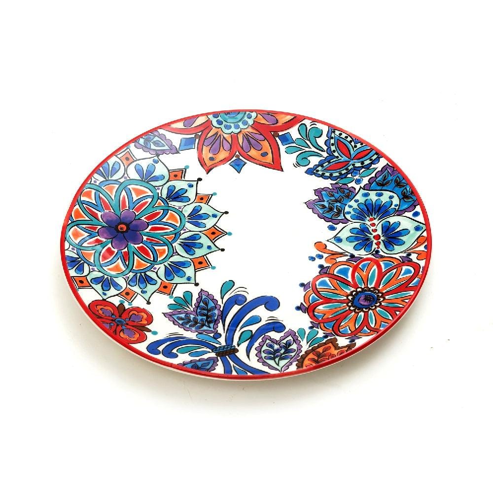 Modish Exuberance 8 Inch Ceramic Plate (Blue, Red & White) (Pack of 6)