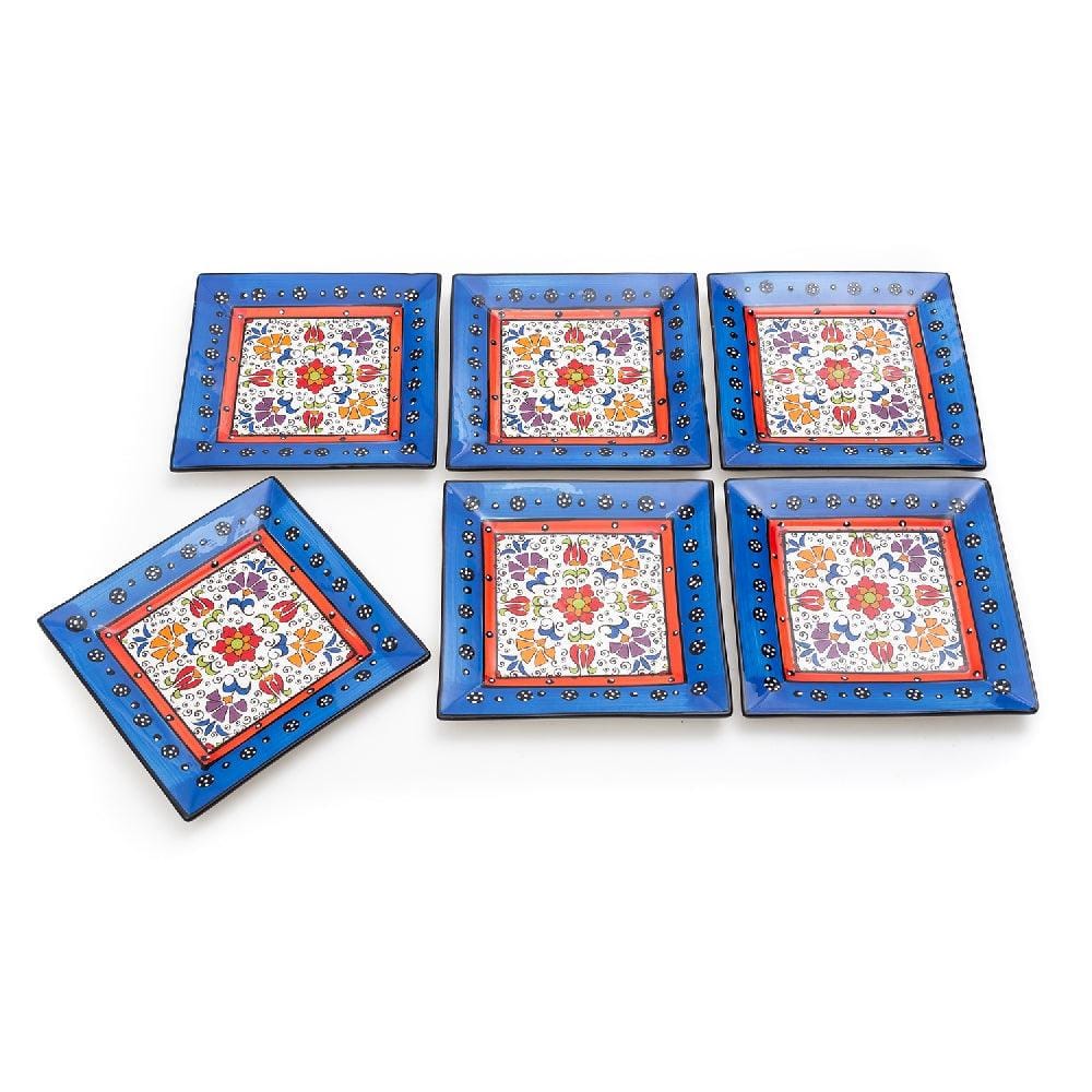 Tianzhu (India) Dendritic Sqaure 8 Inch Plate (Red & Blue) (Pack of 6)