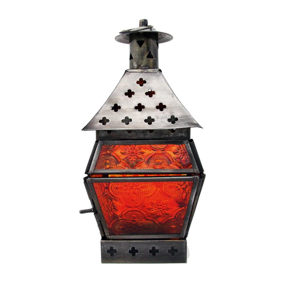 8" Antique Square Metal Lantern with Multicolor Glass Tea Light / Candle Stand (Pack of 2)
