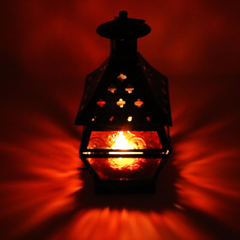 8" Antique Square Metal Lantern with Multicolor Glass Tea Light / Candle Stand (Pack of 2)